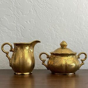 Vintage 60s Creamer & Sugar Set Crackled‎ Gold Pottery Handmade MCM